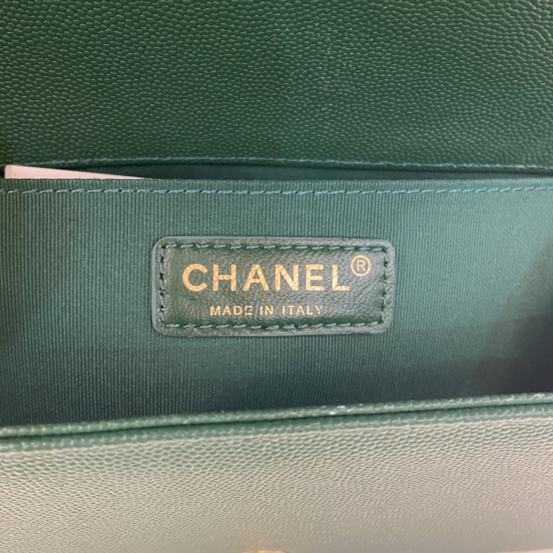 BOY Ch**el HANDBAG Shiny Grained Calfskin & Gold-Tone Metal Green 5.9 × 9.8 × 3.5 in