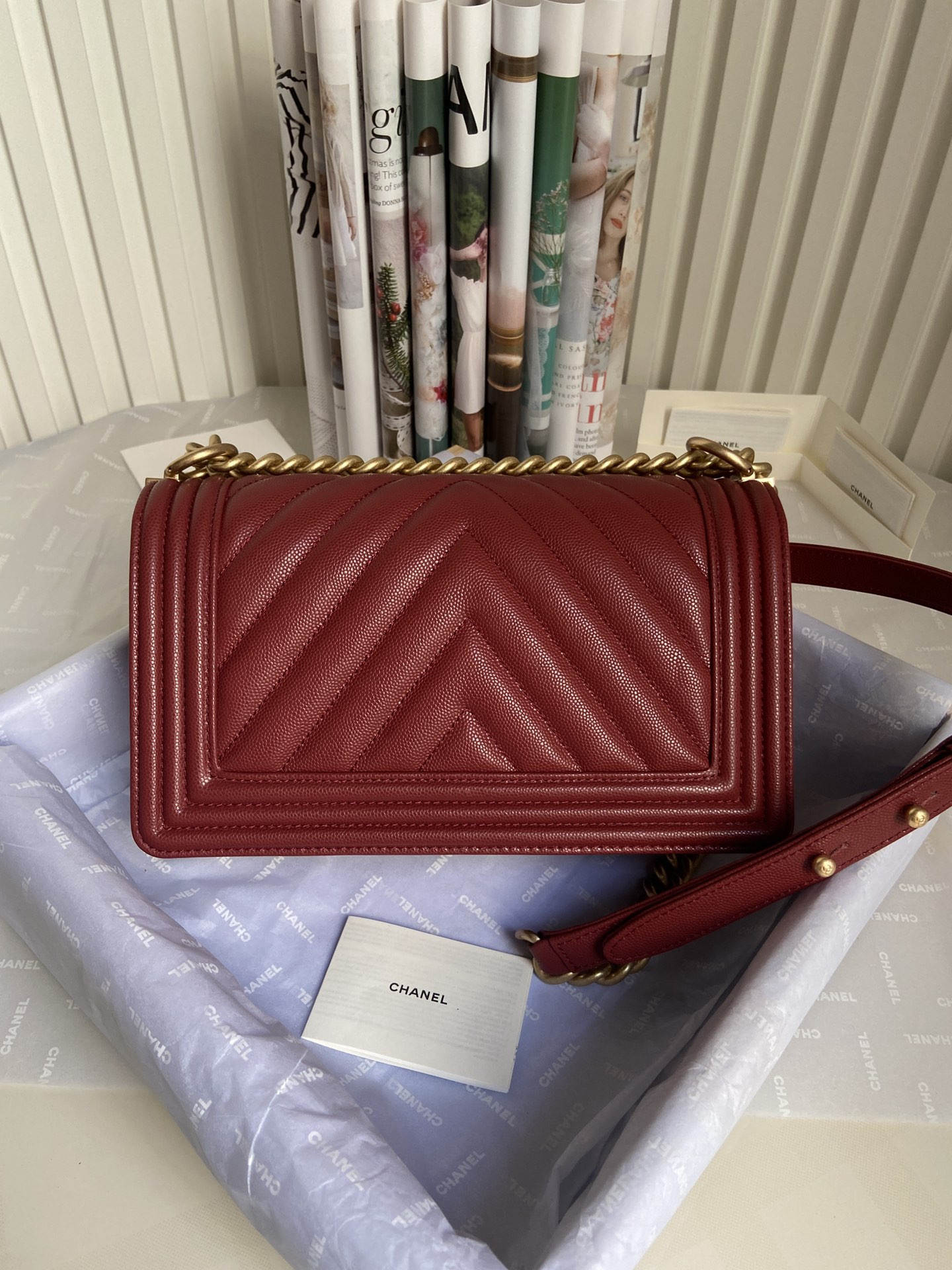 BOY Ch**el HANDBAG Shiny Grained Calfskin & Gold-Tone Metal red 5.9 × 9.8 × 3.5 in