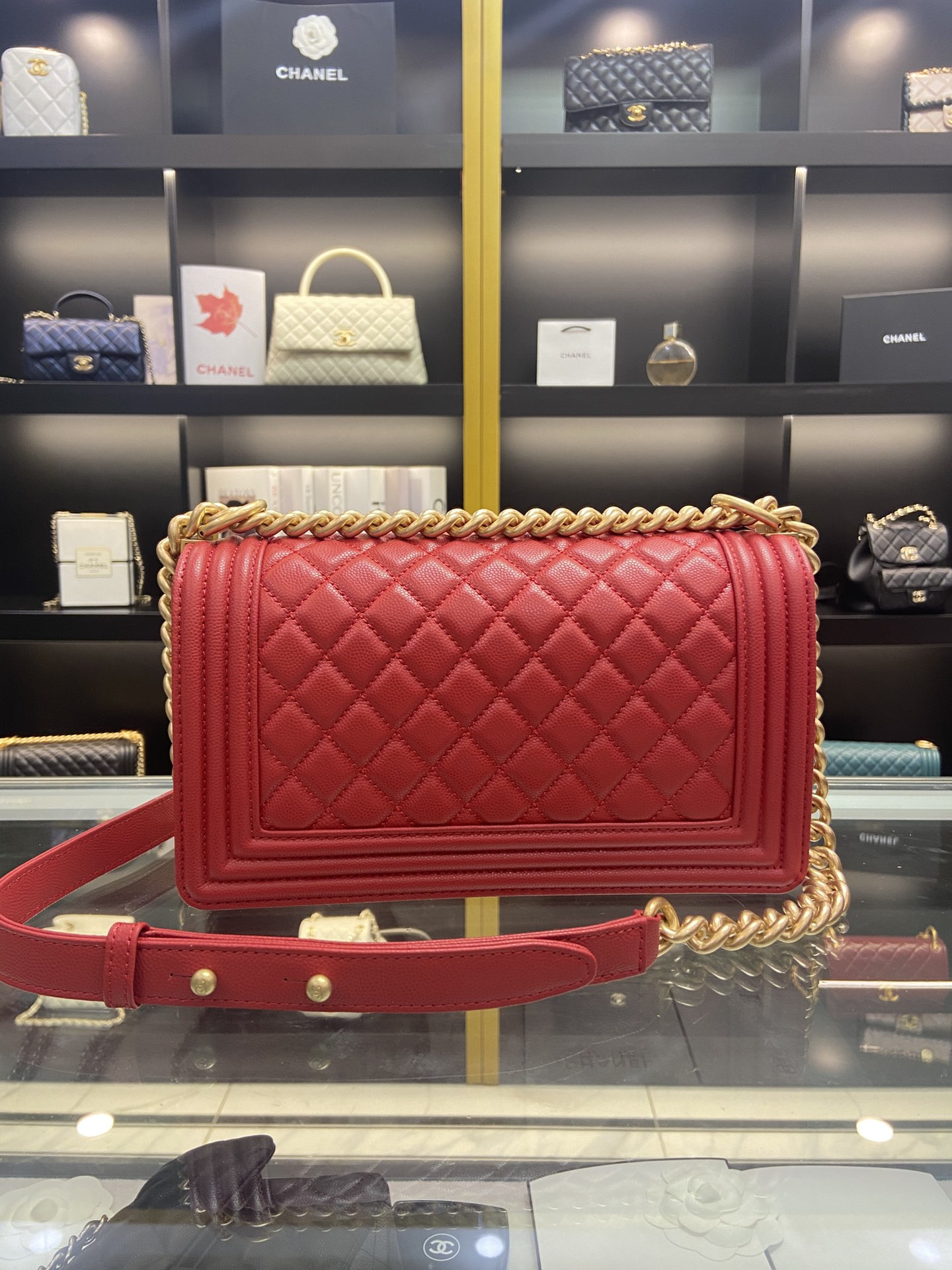 BOY Ch**el HANDBAG Shiny Red Grained Calfskin & Gold-Tone Metal 5.9 × 9.8 × 3.5 in