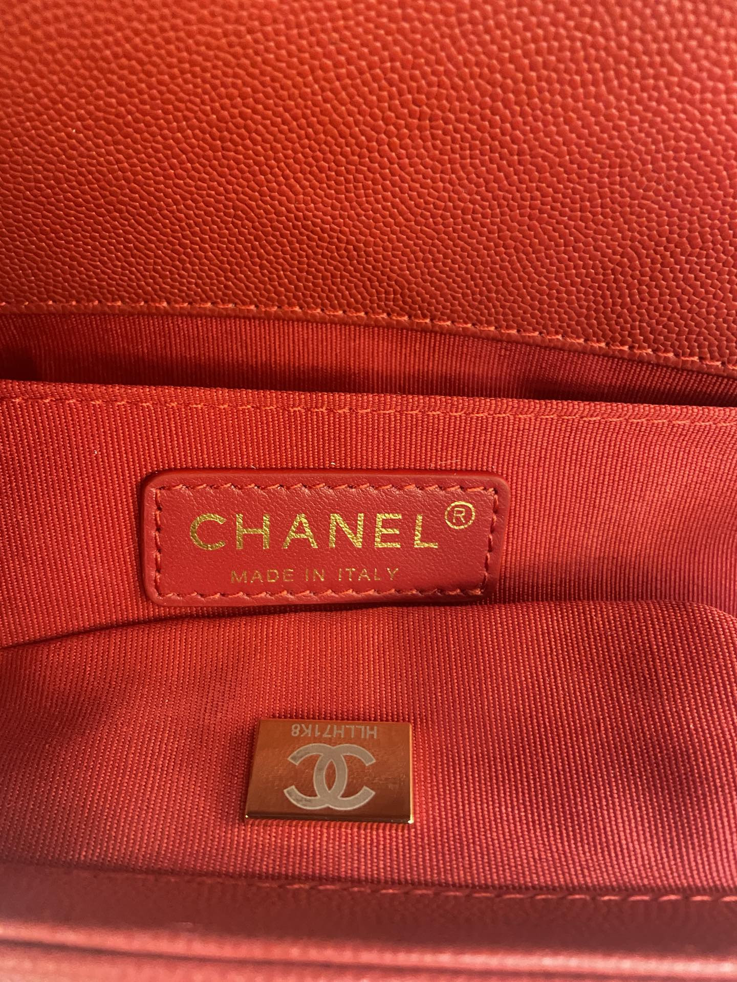 BOY Ch**el HANDBAG Shiny Red Grained Calfskin & Gold-Tone Metal 5.9 × 9.8 × 3.5 in