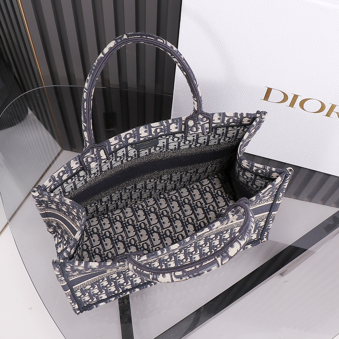 Medium D10r Book Tote  Ecru and Blue D10r Oblique Embroidery 14 x 11 x 6.5 inches