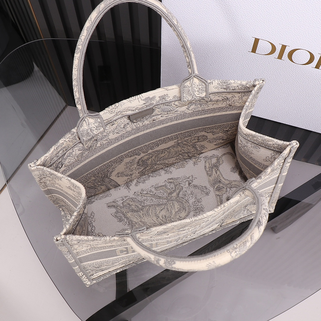 Medium D10r Book Tote Ecru and Gray Toile de Jouy Embroidery 14 x 11 x 6.5 inches