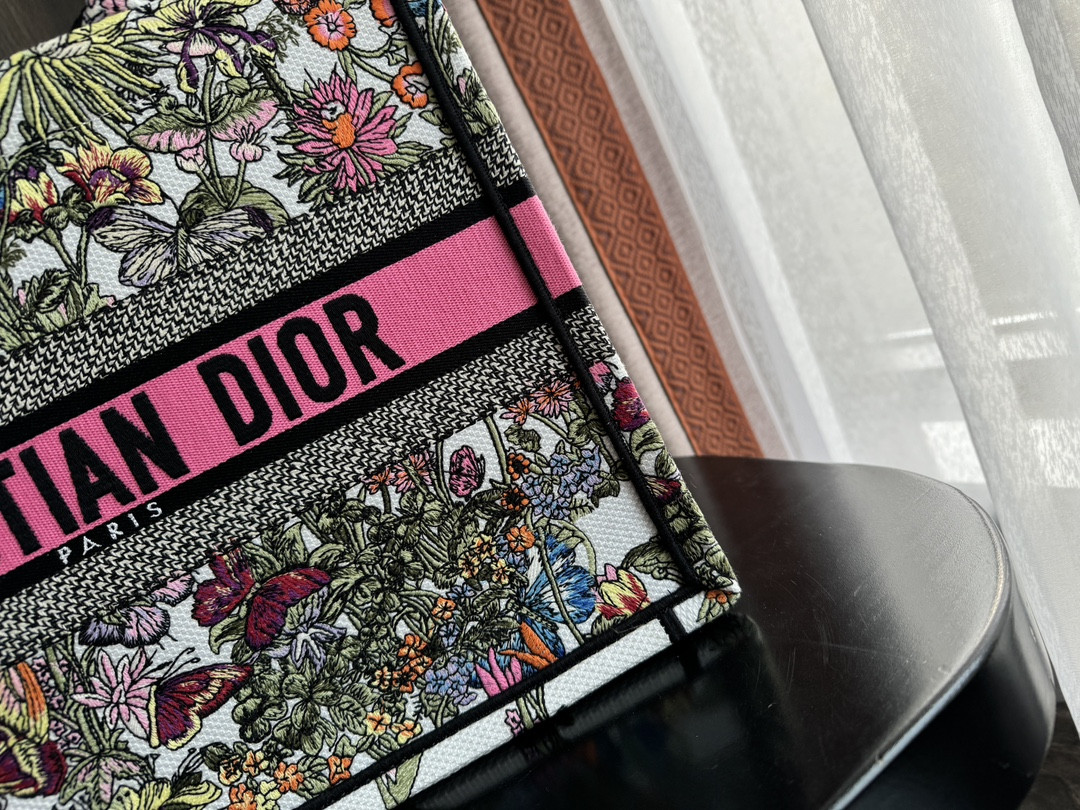 Medium D10r Book Tote  White Multicolor Mexico Millefiori Embroidery 14 x 11 x 6.5 inches