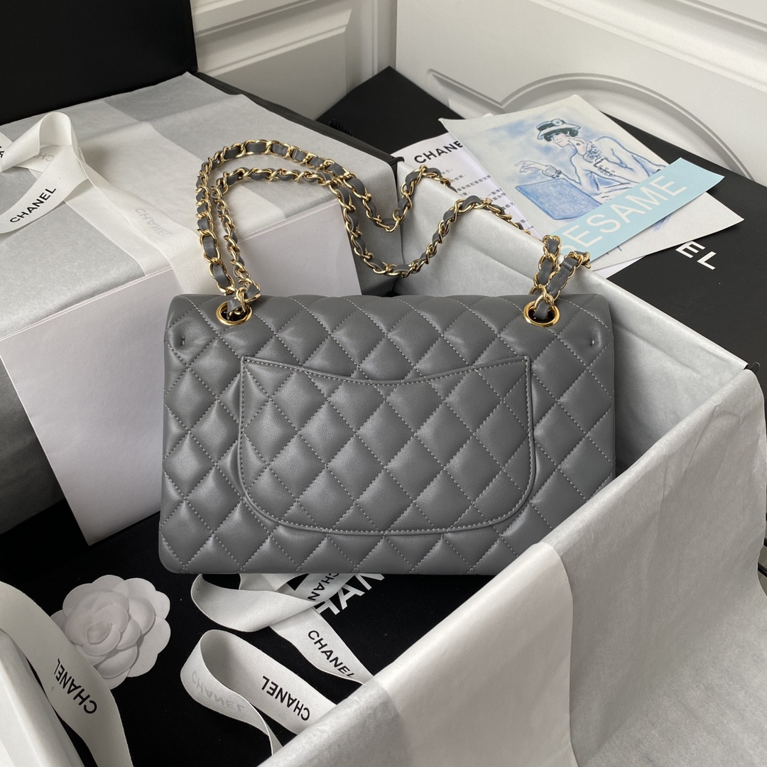 Ch**el CLASSIC HANDBAG GRAINED SHINY CALFSKIN & GOLD-TONE METAL GRAY 6 × 9.9 × 2.5 in