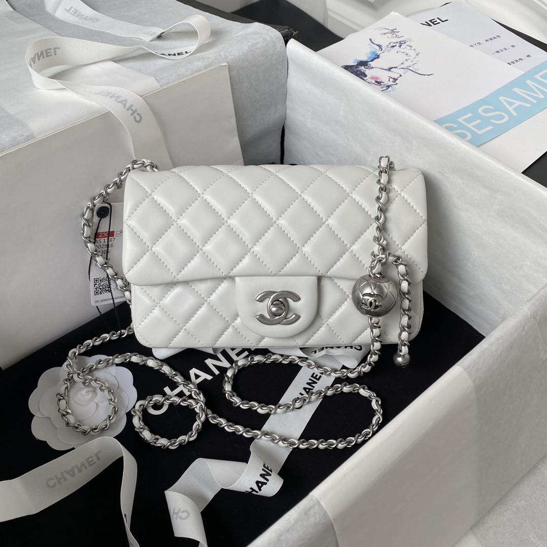 Ch**el MINI FLAP BAG SHINY CALFSKIN & SILVER-TONE METAL WHITE 4.7 × 7.8 × 2.3 in