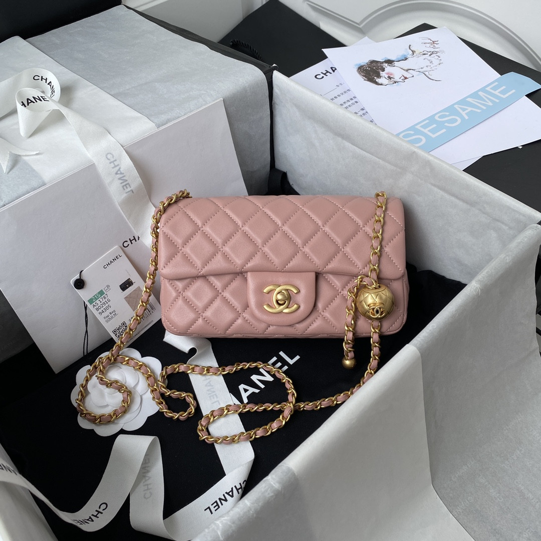 Ch**el MINI FLAP BAG SHINY CALFSKIN & gold-TONE METAL PINK 4.7 × 7.8 × 2.3 in