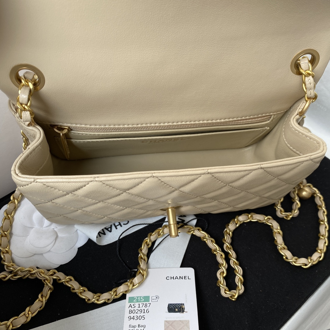 Ch**el MINI FLAP BAG SHINY CALFSKIN & gold-TONE METAL LIGHT beige 4.7 × 7.8 × 2.3 in