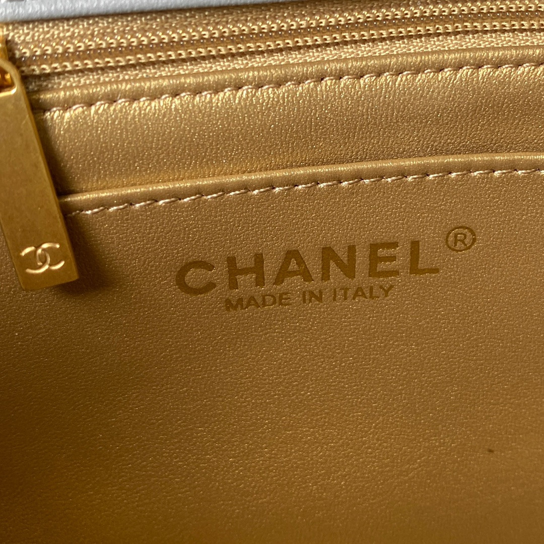 Ch**el MINI FLAP BAG SHINY CALFSKIN & Gold-Tone METAL LIGHT BLUE 5.3 × 6.6 × 3.1 in