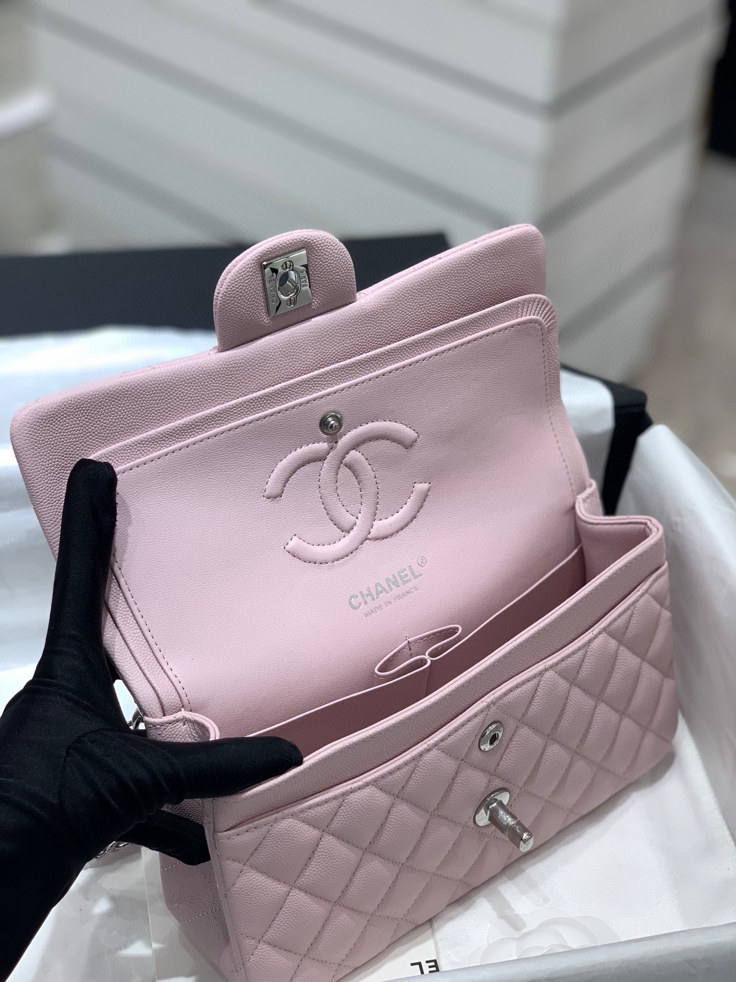 Ch**el CLASSIC HANDBAG Grained Calfskin & Silver-Tone Metal Pink 6 × 9.9 × 2.5 in