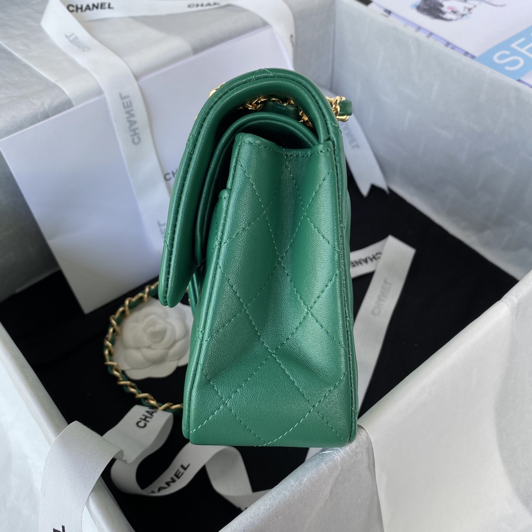 Ch**el SMALL CLASSIC HANDBAG Grained SHINY Calfskin & Gold-Tone Metal Green 5.7 × 9 × 2.3 in
