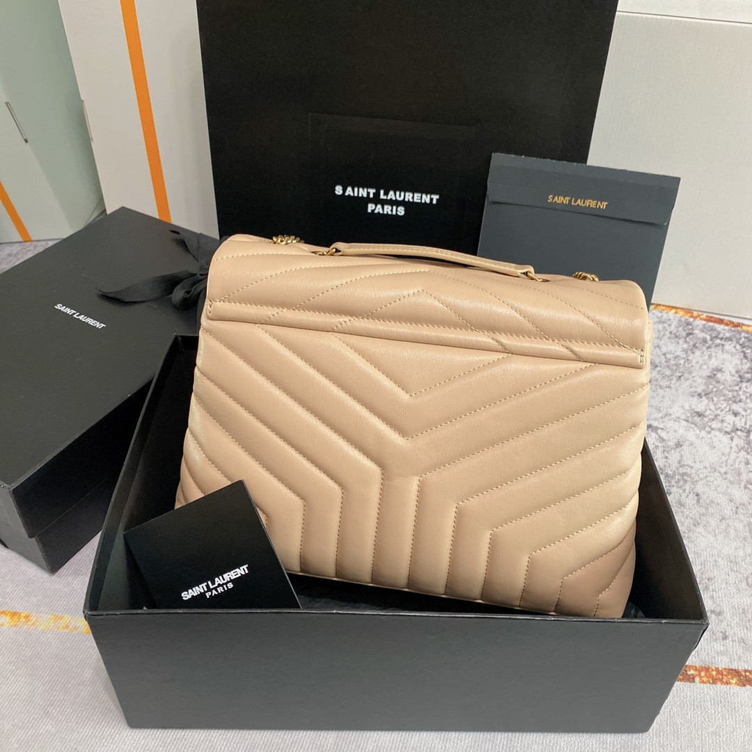 Y51 LOULOU MEDIUM IN QUILTED LEATHER DARK BEIGE 12.5 X 8.6 X 3.5 INCHES