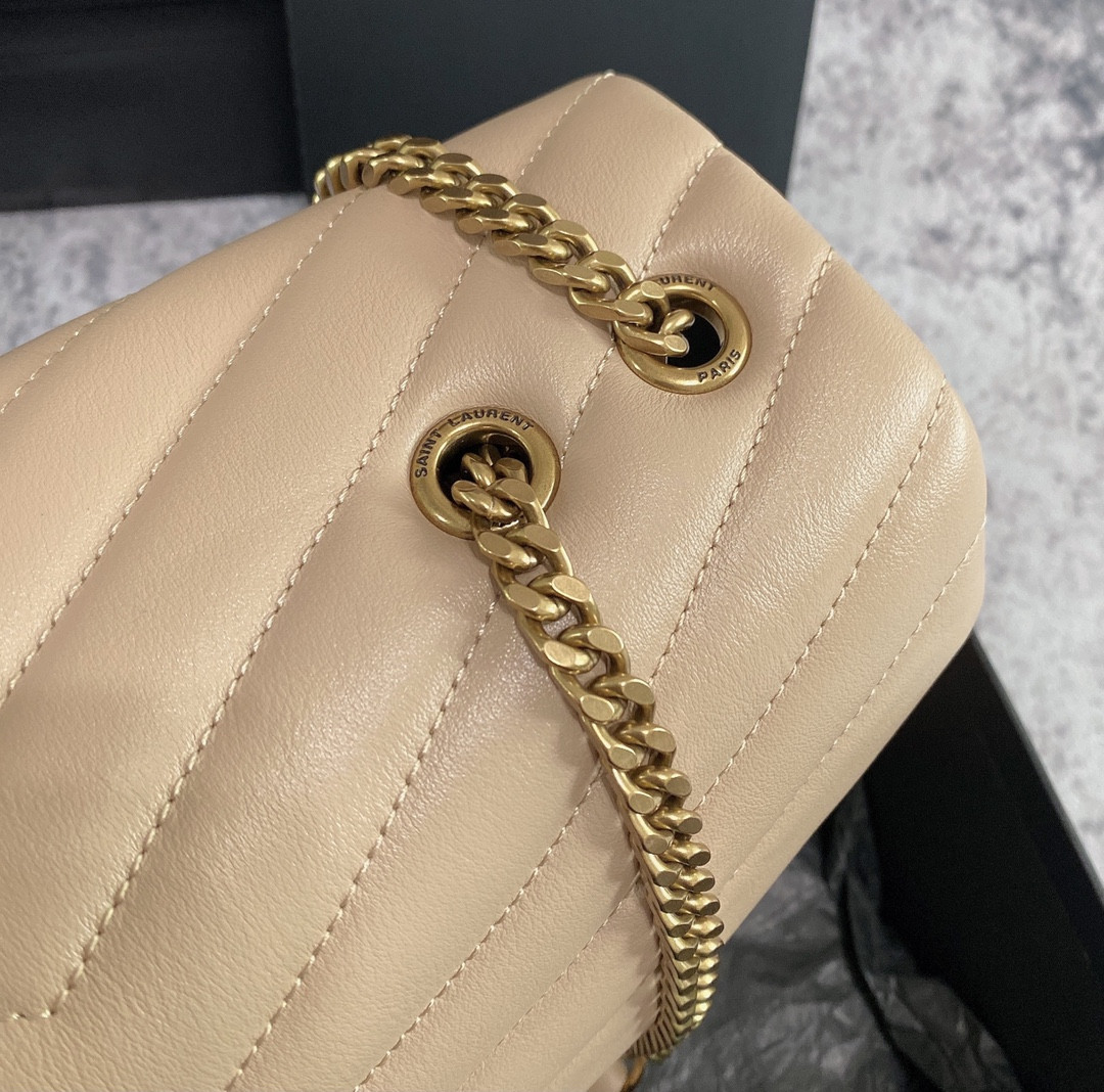 Y51 LOULOU MEDIUM IN QUILTED LEATHER DARK BEIGE 12.5 X 8.6 X 3.5 INCHES