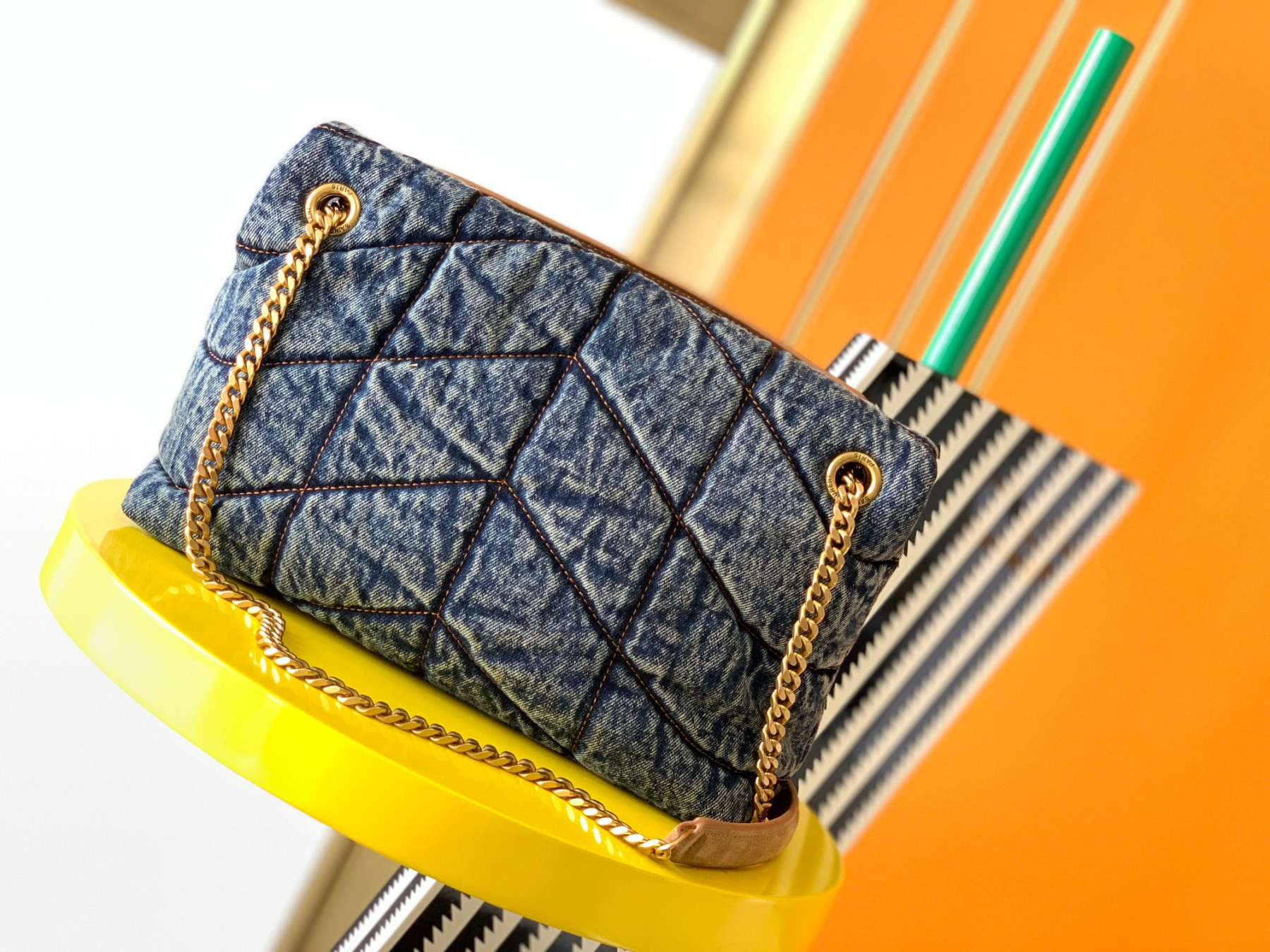 y51 puffer small in suede and De*1m light blue 11.4 x 6.6 x 4.3 inches