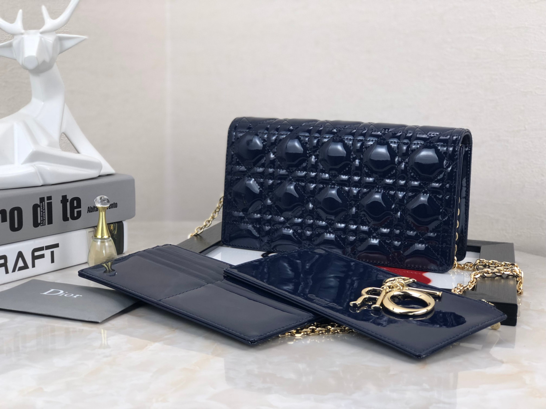 Lady D10r Pouch  Navy Patent Cannage Calfskin 8.5 x 4.5 x 1 inches