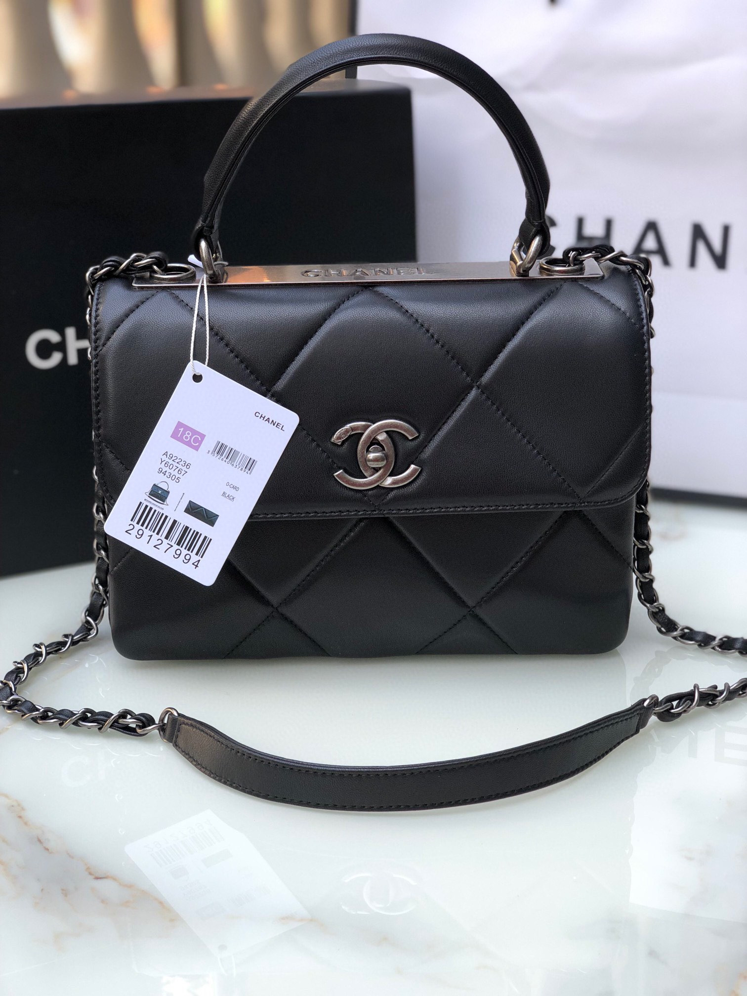 Ch**el FLAP BAG WITH TOP HANDLE 6.6 × 9.8 × 4.7 in