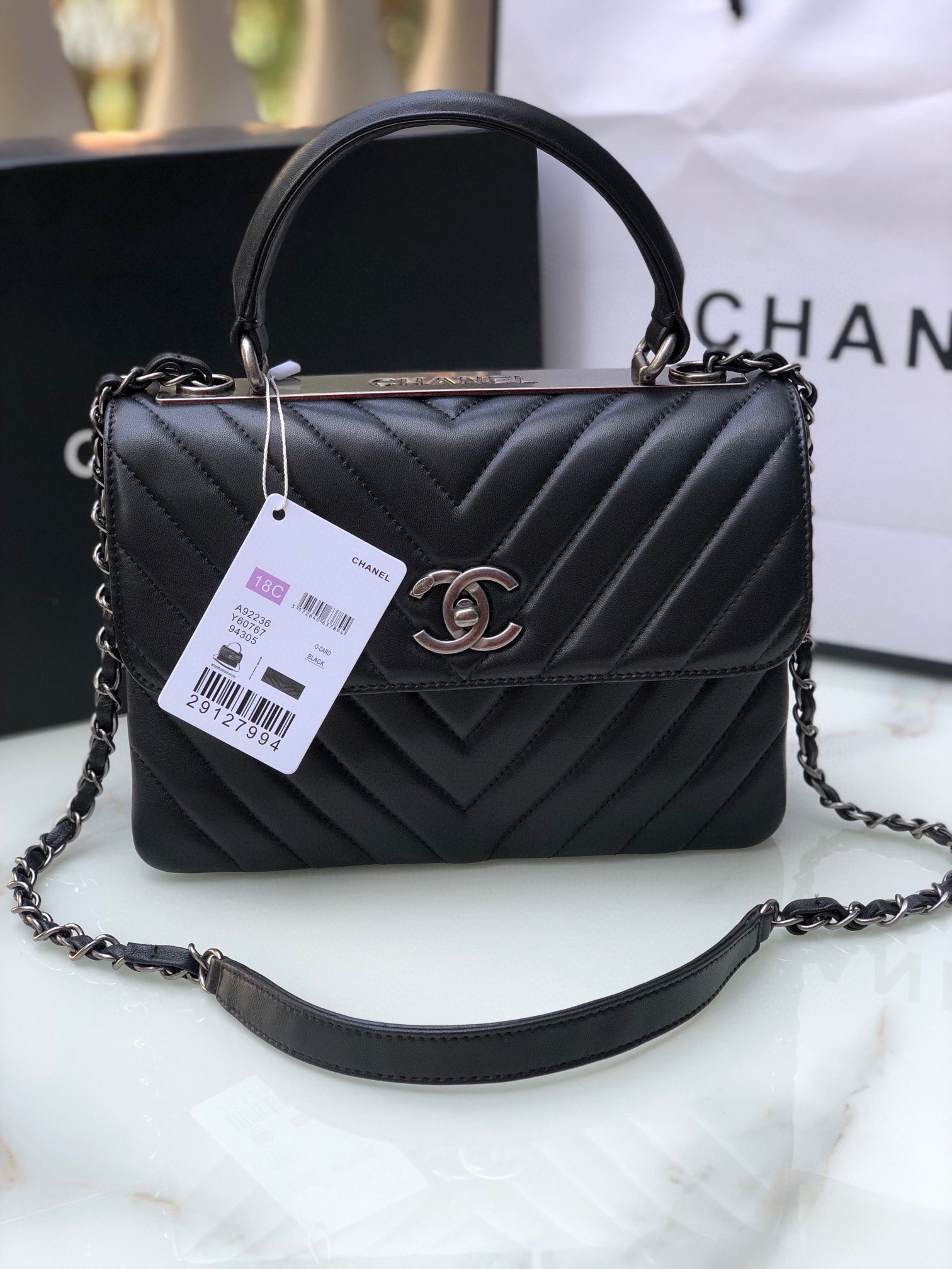 Ch**el FLAP BAG WITH TOP HANDLE 6.6 × 9.8 × 4.7 in