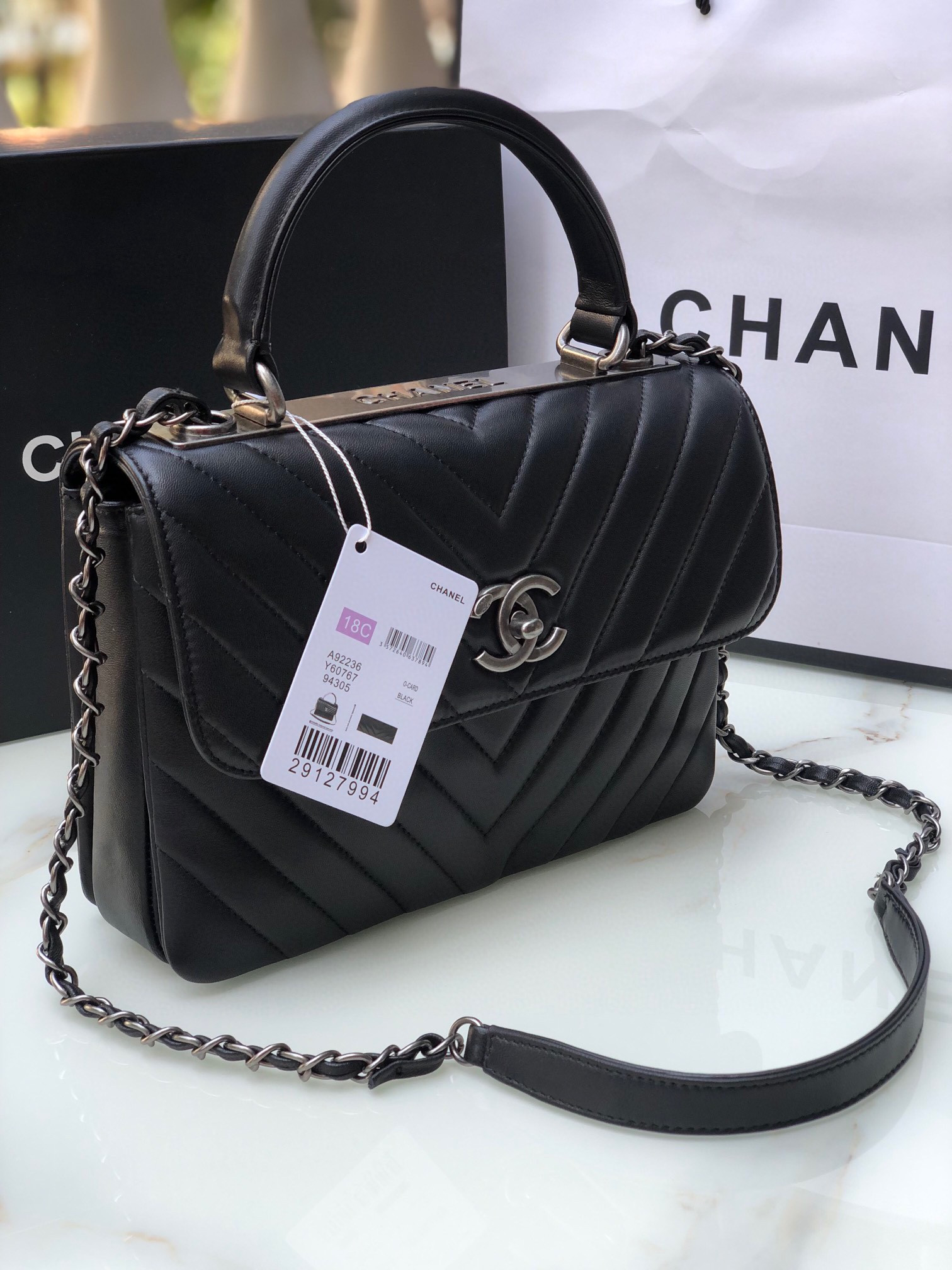 Ch**el FLAP BAG WITH TOP HANDLE 6.6 × 9.8 × 4.7 in