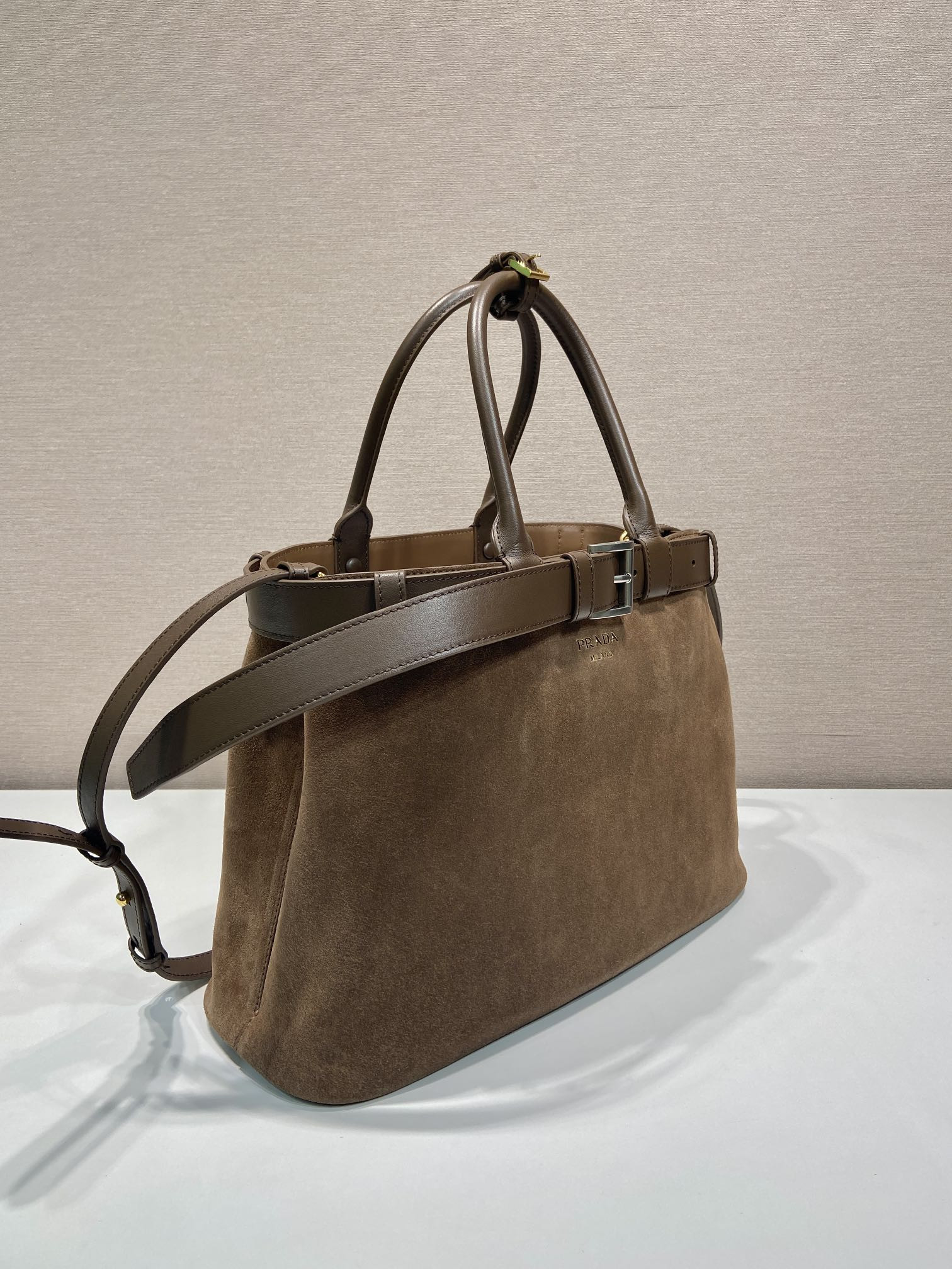 Pra*a Large Pra*a Buckle suede bag with belt  27.5x37.5x14cm
